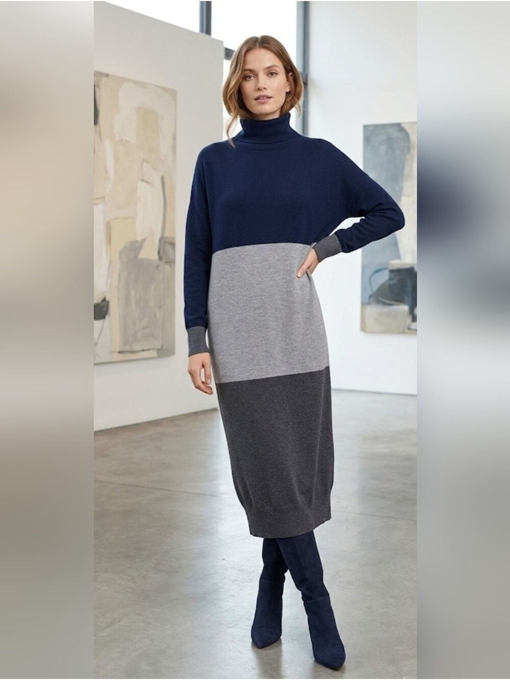 Jigsaw Colorblock Wool Turtleneck Midi Sweater Dress Navy Grey Womens M